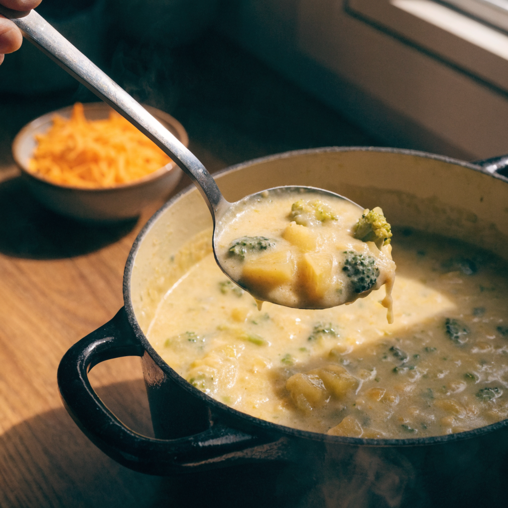 Close-up of creamy broccoli potato cheese soup