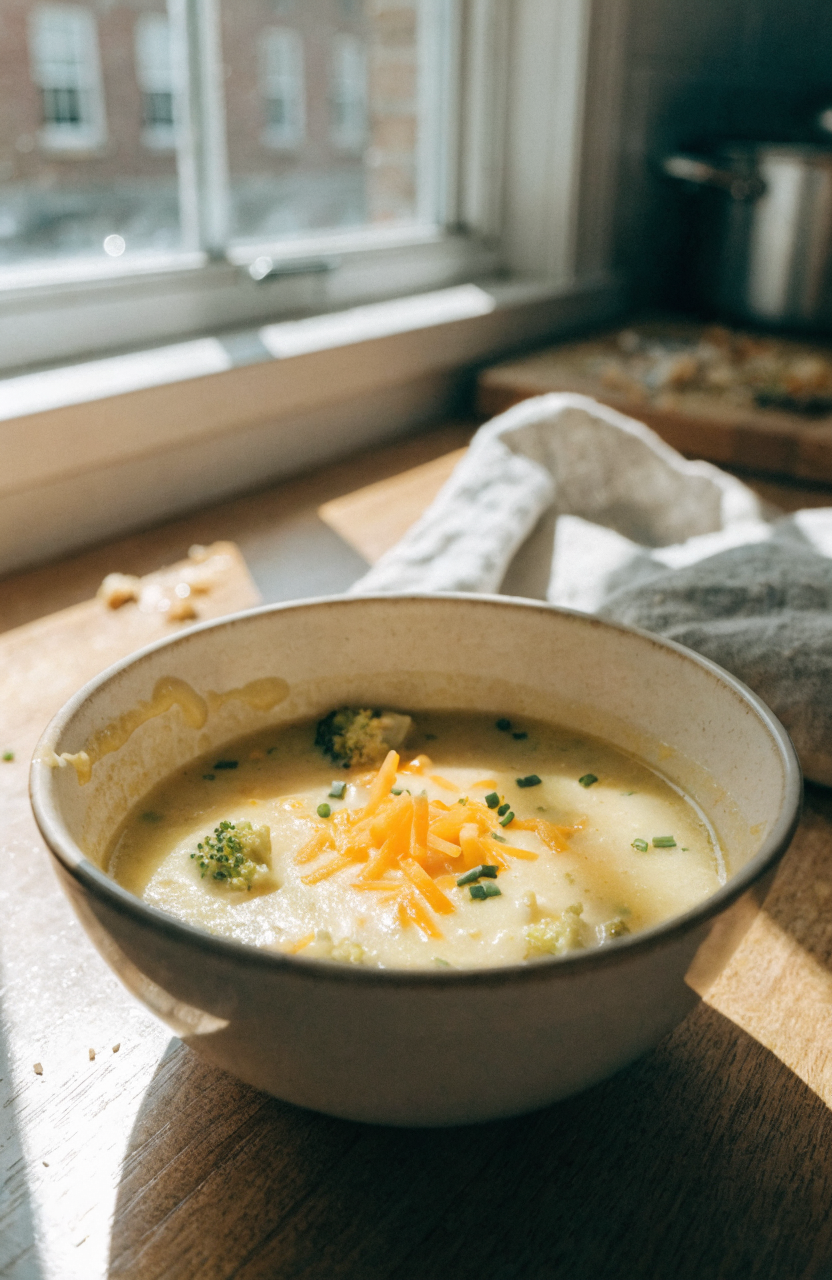 Bowl of broccoli potato cheese soup with tender florets and shredded cheddar