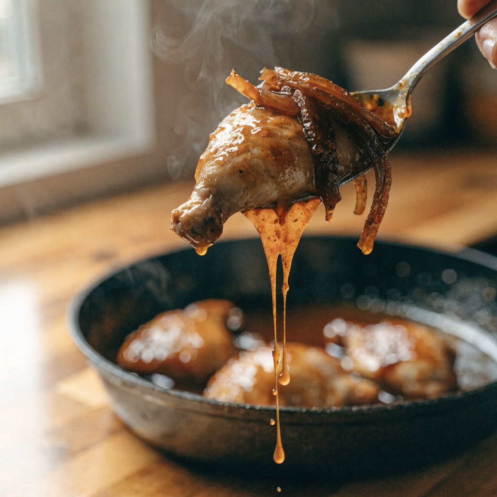 Close-up of cider braised chicken with caramelized onions