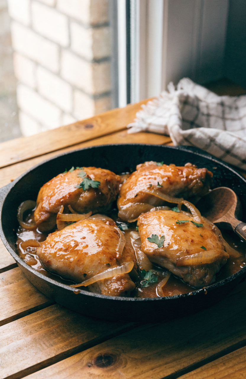 Cider braised chicken with caramelized onions served in a shallow skillet with parsley