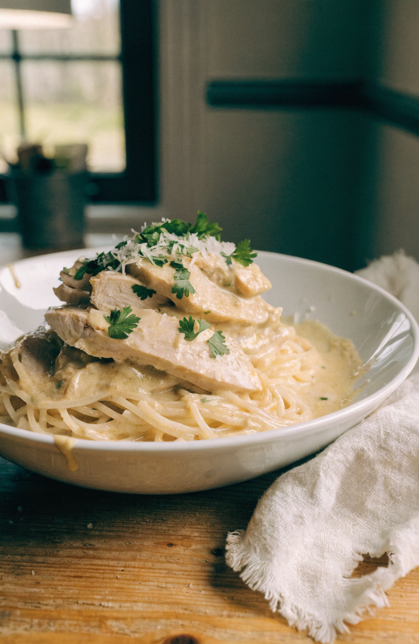 Plated crock pot angel chicken with sliced chicken over angel hair pasta and parsley garnish