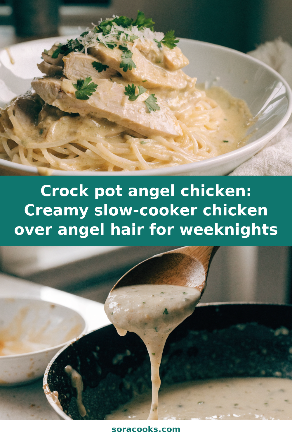 Crock pot angel chicken: Creamy slow-cooker chicken over angel hair for weeknights Pinterest recipe pin