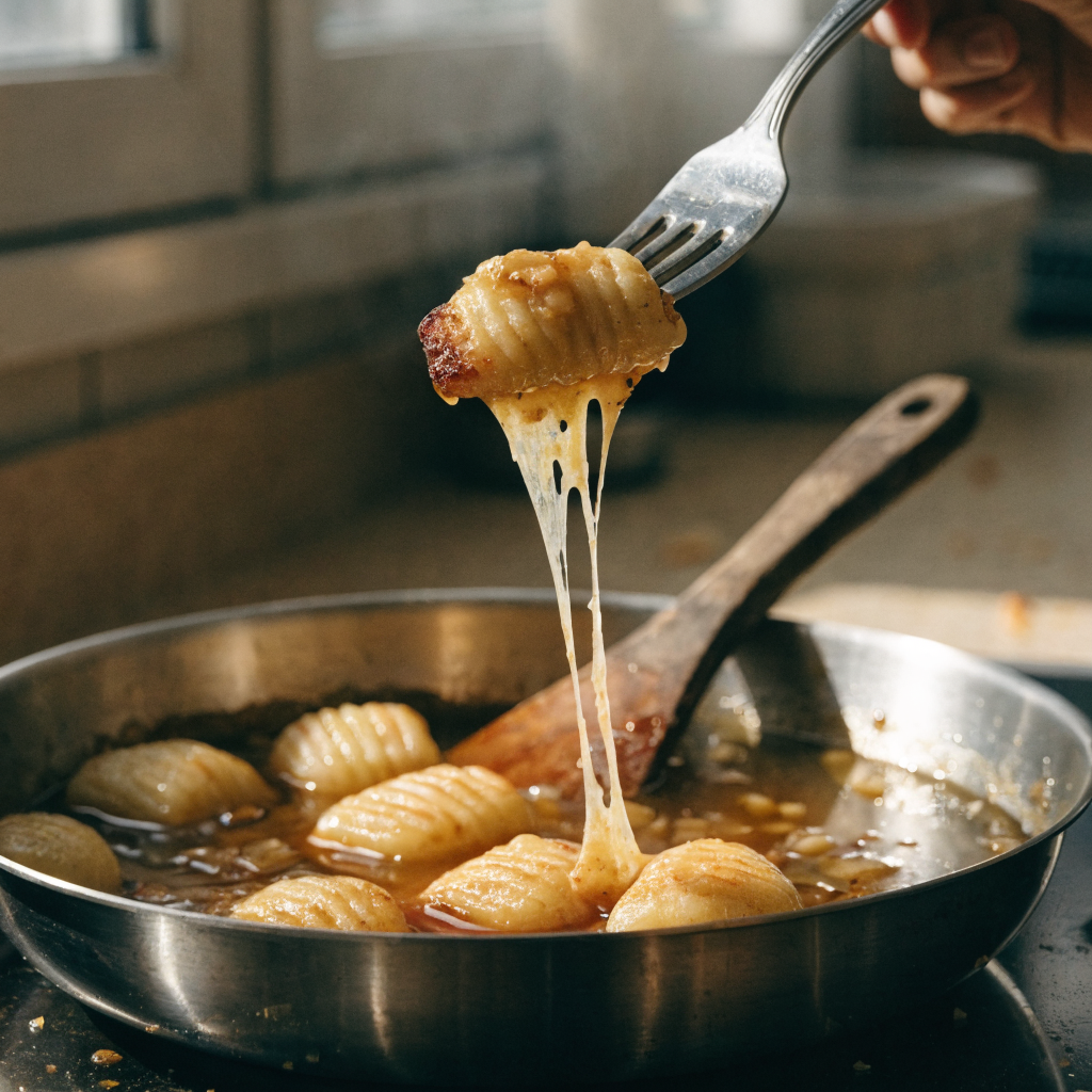 Close-up of french onion gnocchi with caramelized onions and gruyère