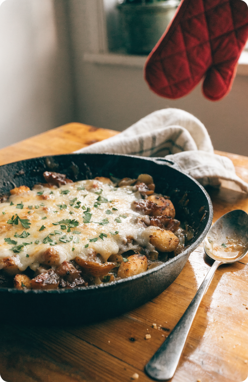 Browning seared French onion gnocchi in a skillet with melted Gruyère and caramelized onions