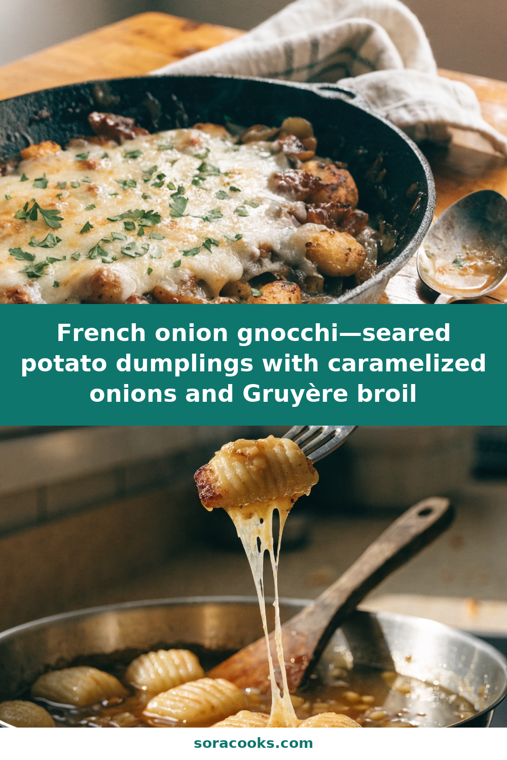 French onion gnocchi—seared potato dumplings with caramelized onions and Gruyère broil Pinterest recipe pin