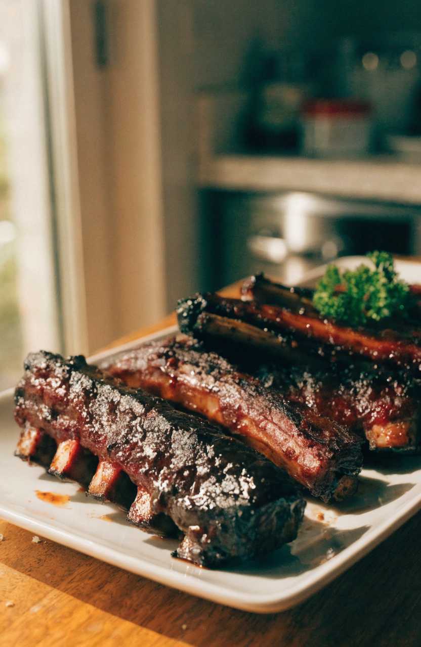Oven baked barbecue ribs plated with a sticky glazed crust and parsley garnish