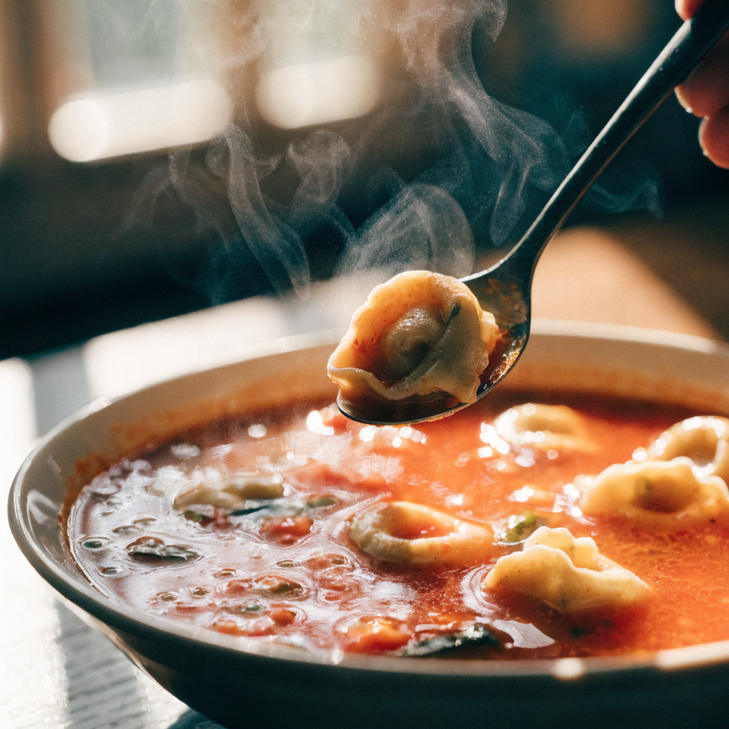 Close-up of tomato tortellini soup