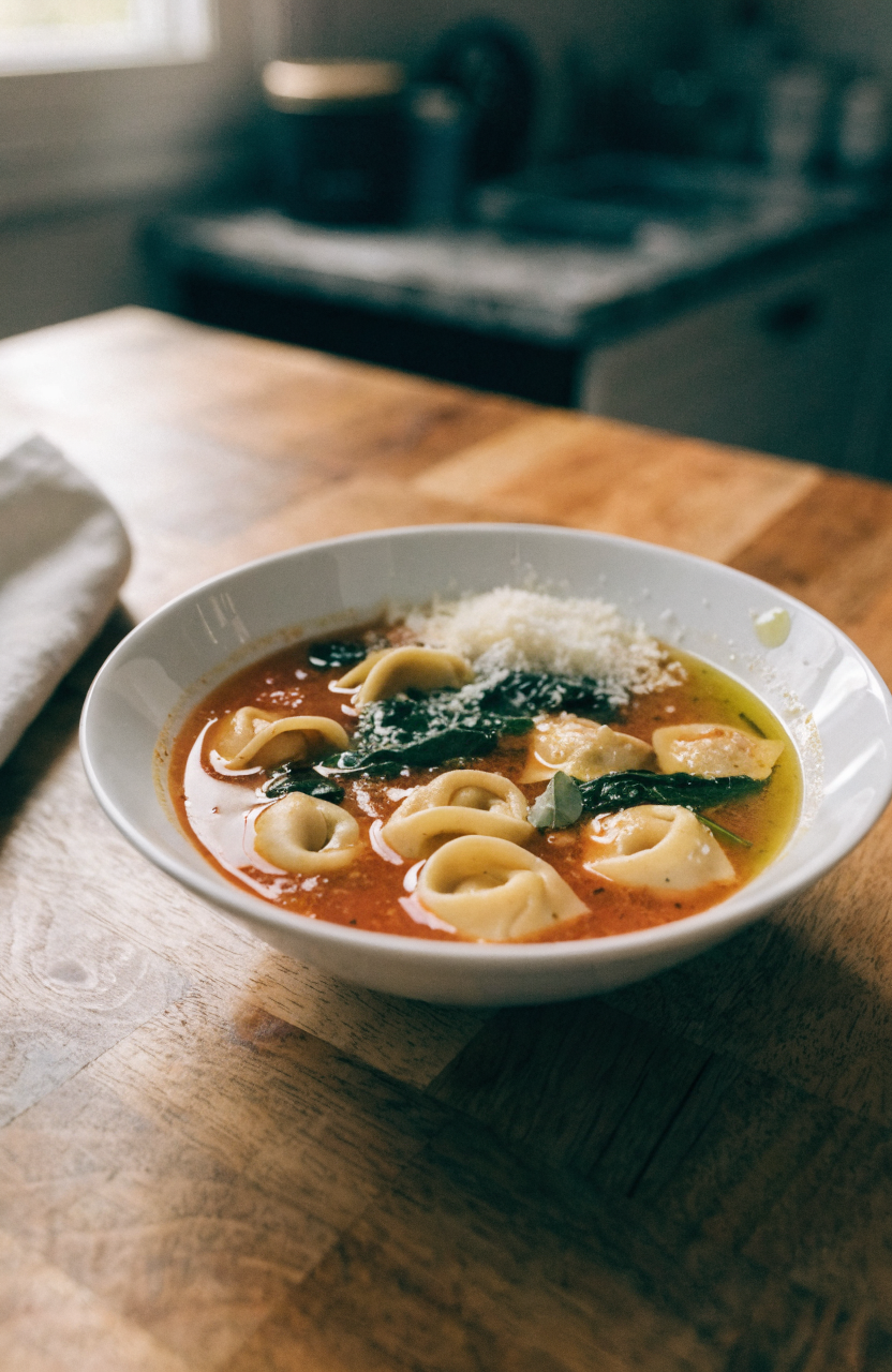 Bowl of tomato tortellini soup with basil garnish in a white bowl
