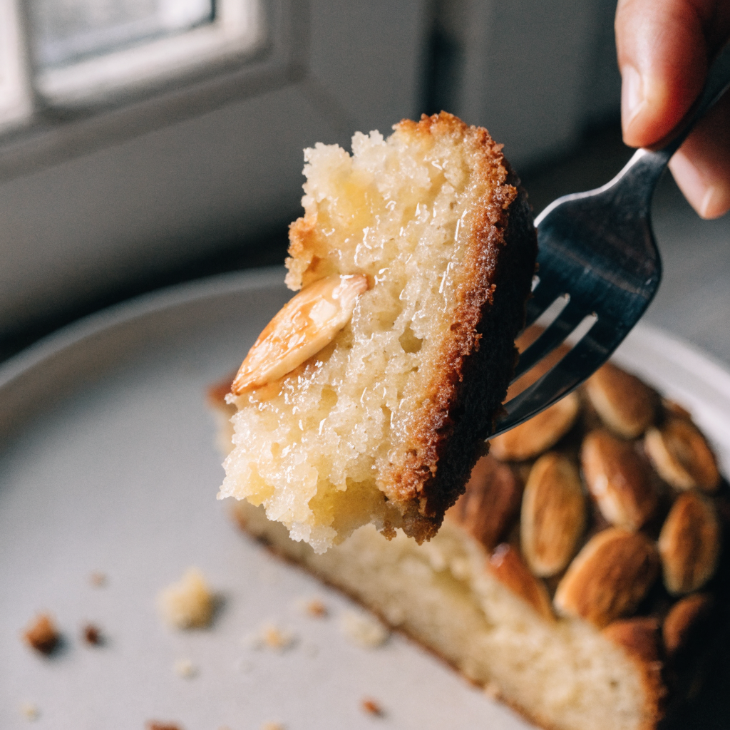 Close-up of almond cardamom cake (moist, textured almond meal cake)