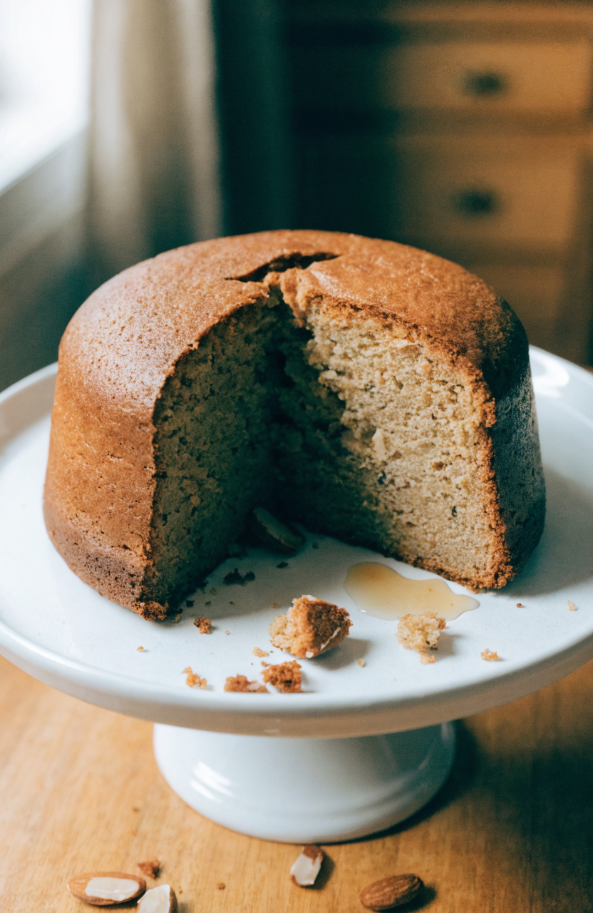 Slice of almond cardamom cake on a white plate with toasted almonds and a fork