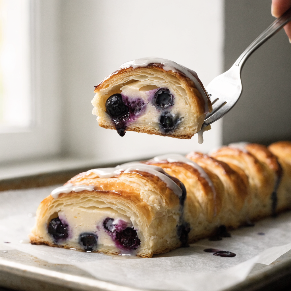 Close-up of blueberry cream cheese pastry braid