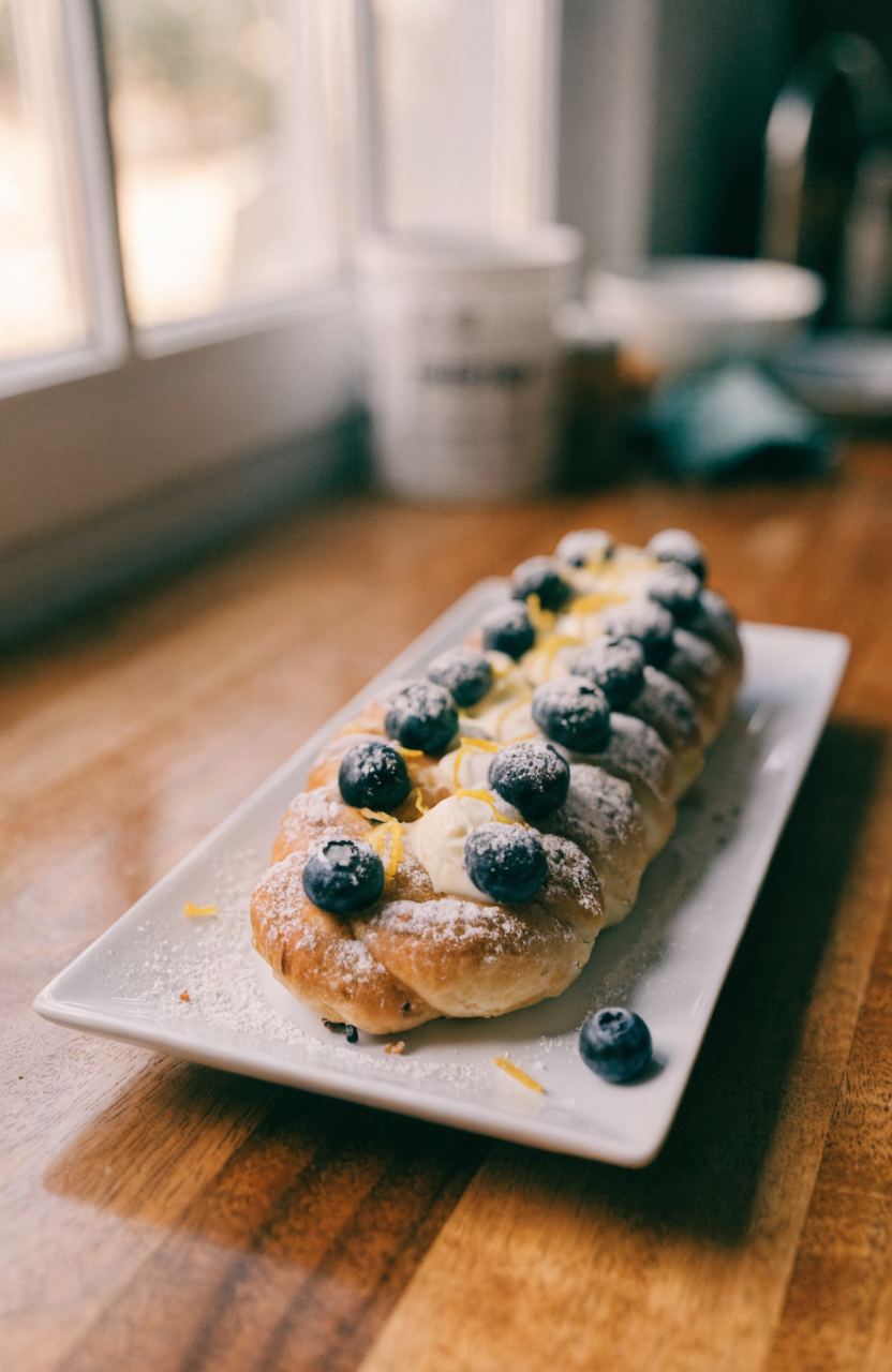 Blueberry cream cheese pastry braid on a white plate with glaze and lemon zest