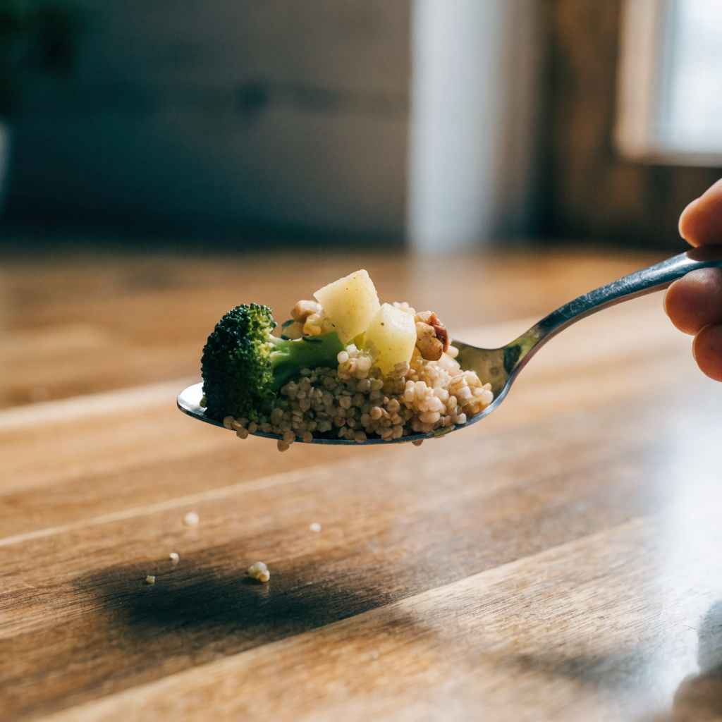 Close-up of broccoli apple quinoa salad with warm honey-mustard dressing