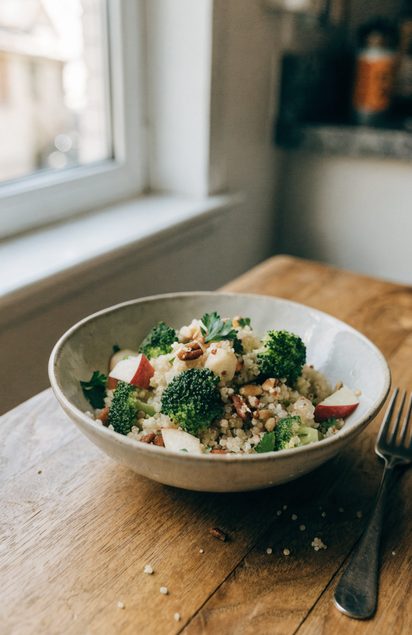 Broccoli apple quinoa salad with toasted nuts and parsley served in a ceramic bowl