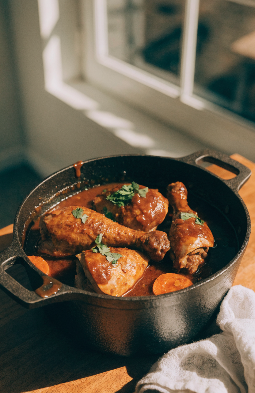 Skillet of brown stew chicken with glossy sauce and cilantro garnish