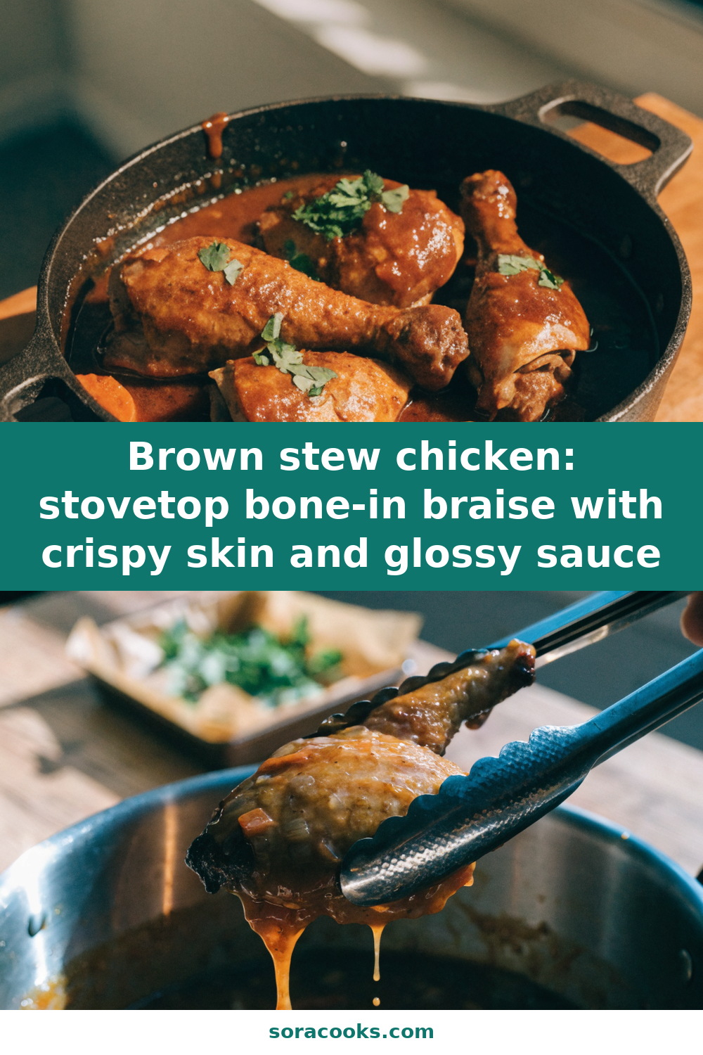 Brown stew chicken: stovetop bone-in braise with crispy skin and glossy sauce Pinterest recipe pin
