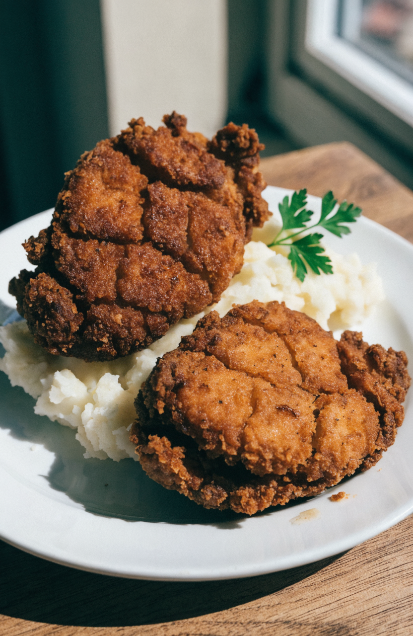 Plate of country fried chicken with crispy crust and mashed potatoes