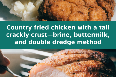 Country fried chicken with a tall crackly crust—brine, buttermilk, and double dredge method Pinterest recipe pin