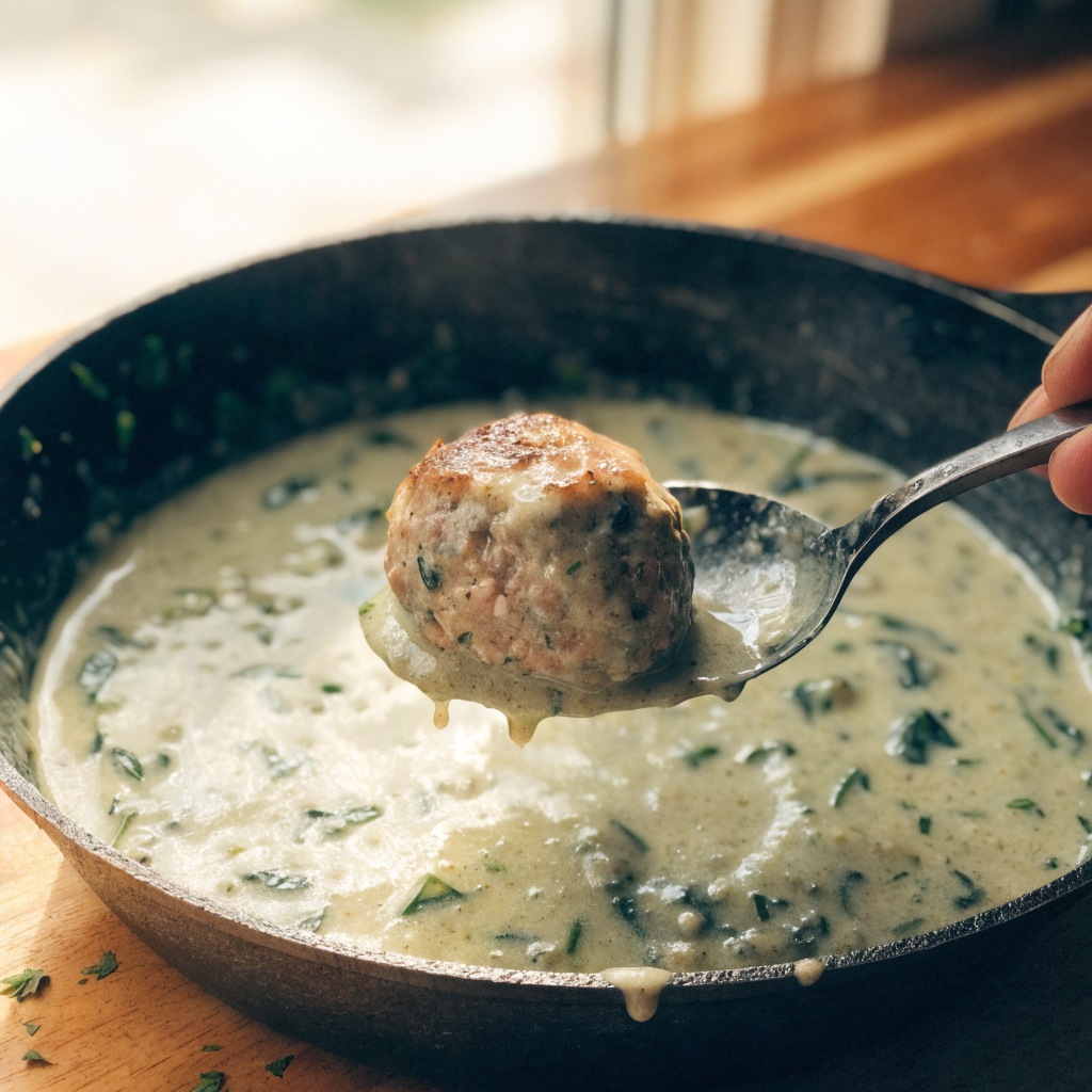 Close-up of creamy spinach turkey meatballs