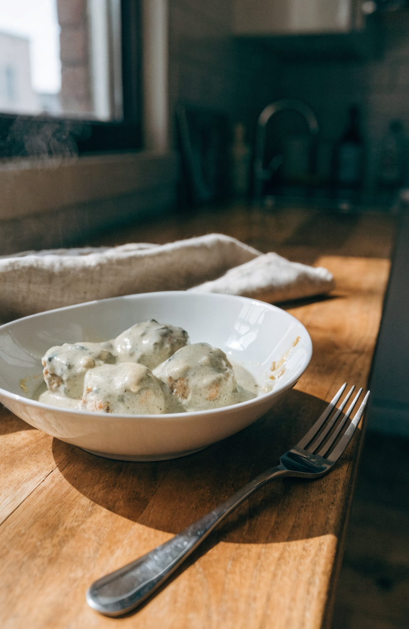 Bowl of creamy spinach turkey meatballs in sauce with parsley