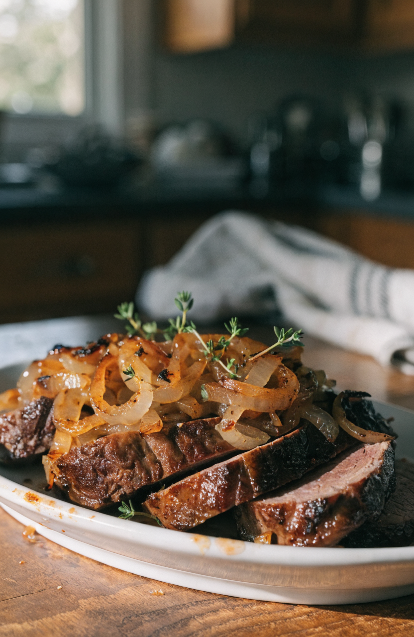 Sliced French onion chuck roast topped with caramelized onions and glossy sauce on a white platter with thyme
