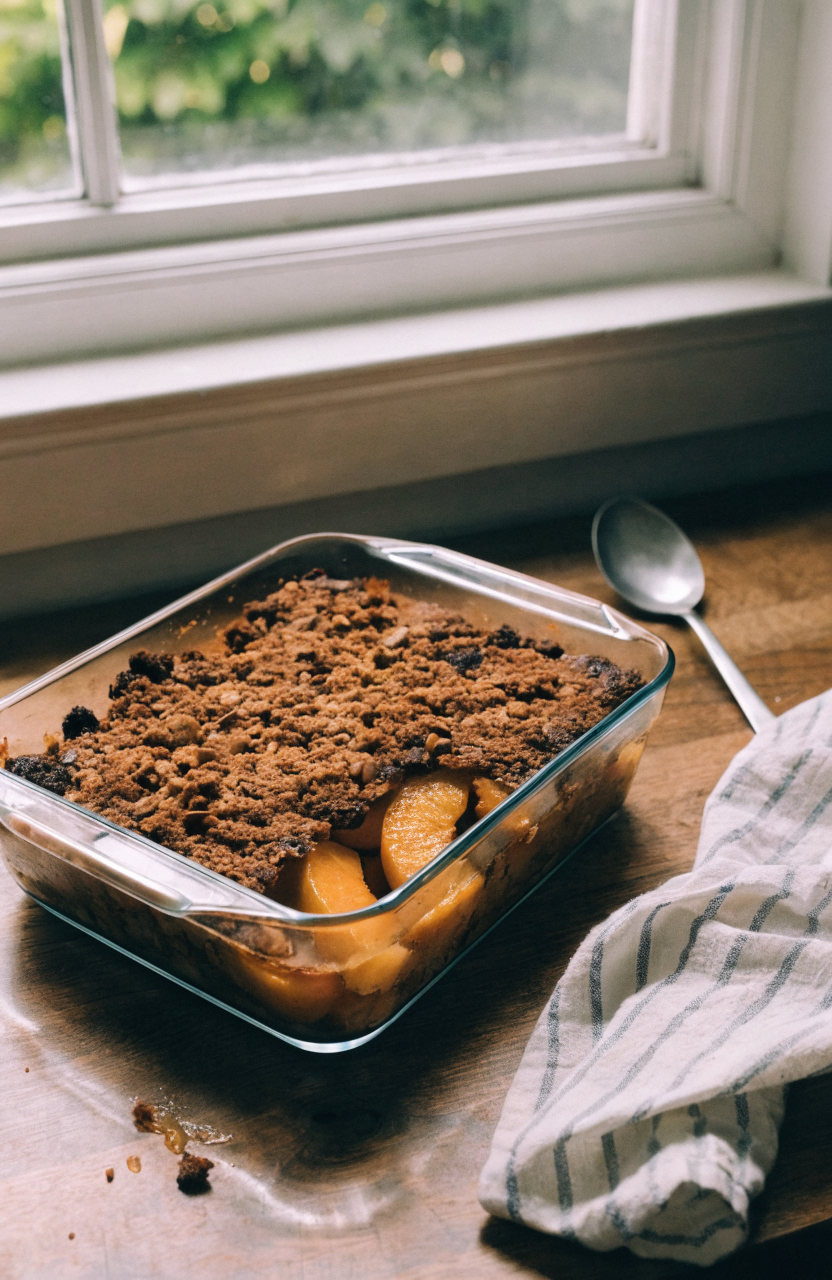 fresh peach crisp in a 9x13 dish with golden brown oat-free topping and sliced peaches visible