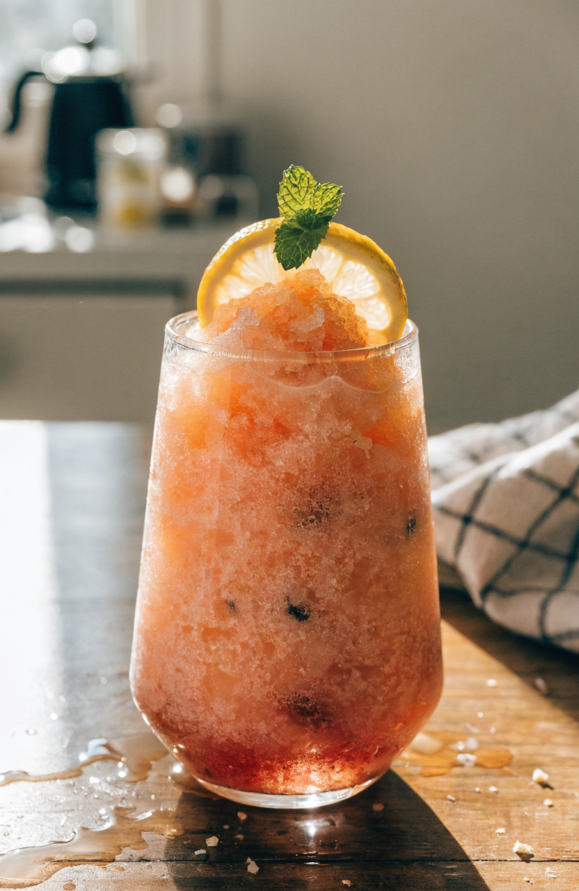 Glass of frozen peach lemonade slush with a lemon wheel and mint