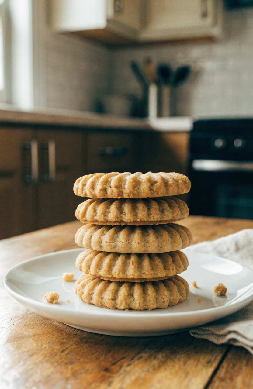 Stack of Homemade Nutter Butter Cookies with peanut-butter filling on a white plate