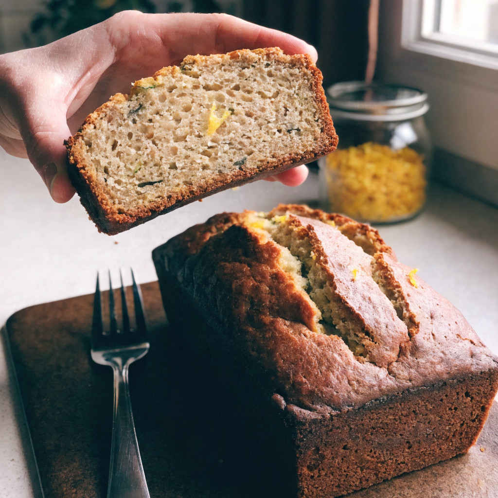 Close-up of lemon zucchini bread with buttermilk — moist, textured loaf