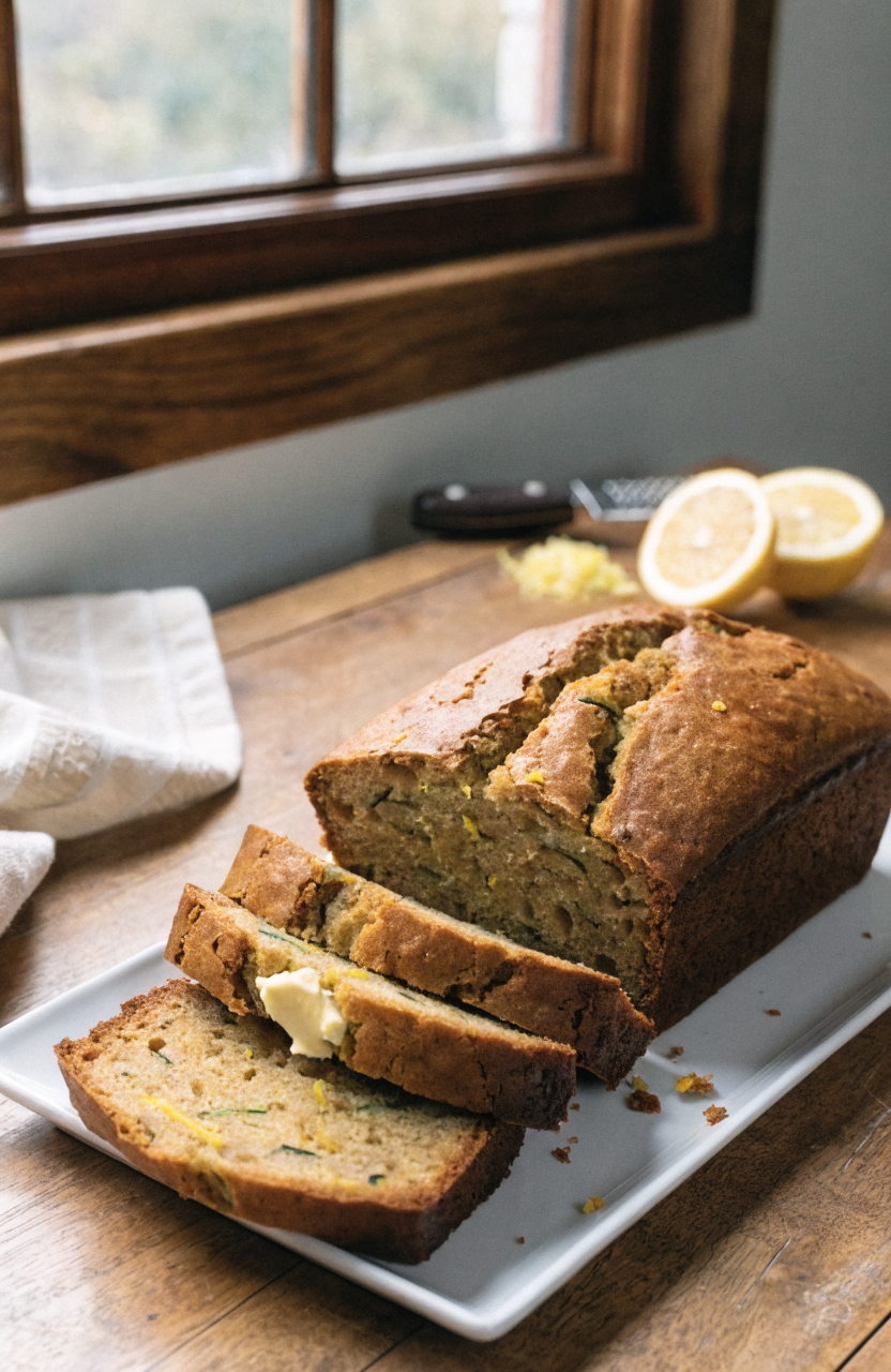 Slice of lemon zucchini bread with moist crumb and lemon zest on a white plate