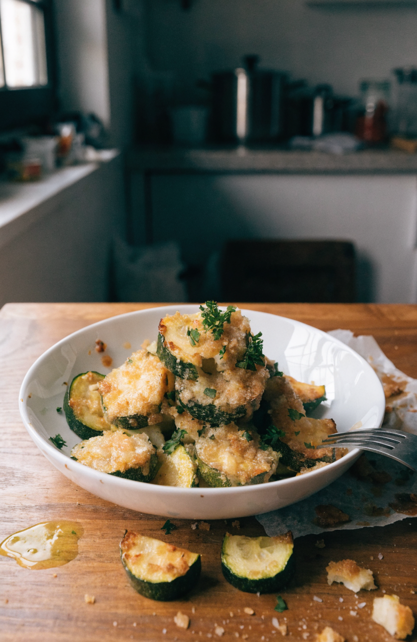 Roasted Parmesan Zucchini on a white plate with golden crust and parsley garnish