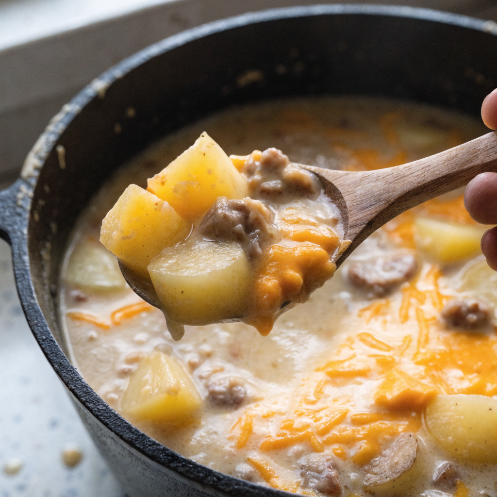 Close-up of hearty sausage potato soup with smashed-potato texture
