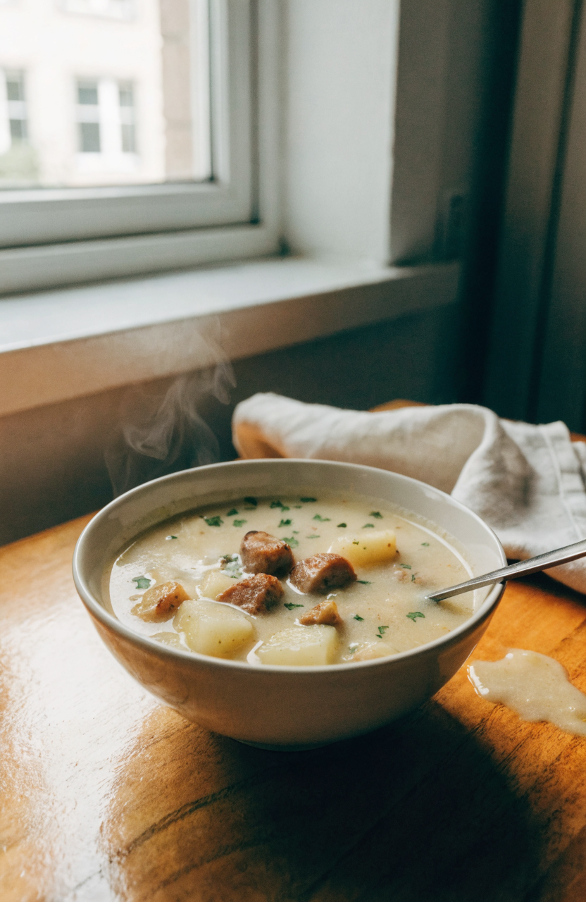 Bowl of sausage potato soup with visible potato chunks and herbs