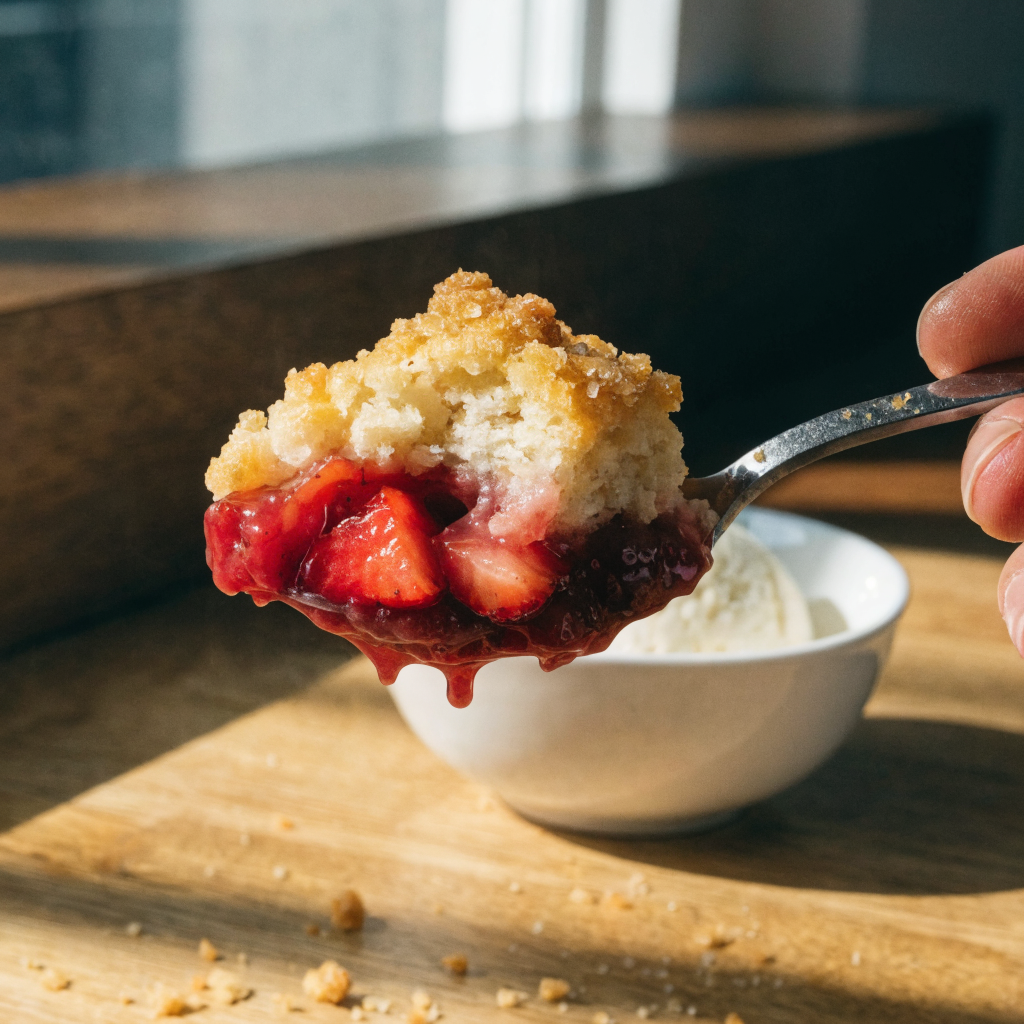 Close-up of texture-focused strawberry cobbler with biscuit topping