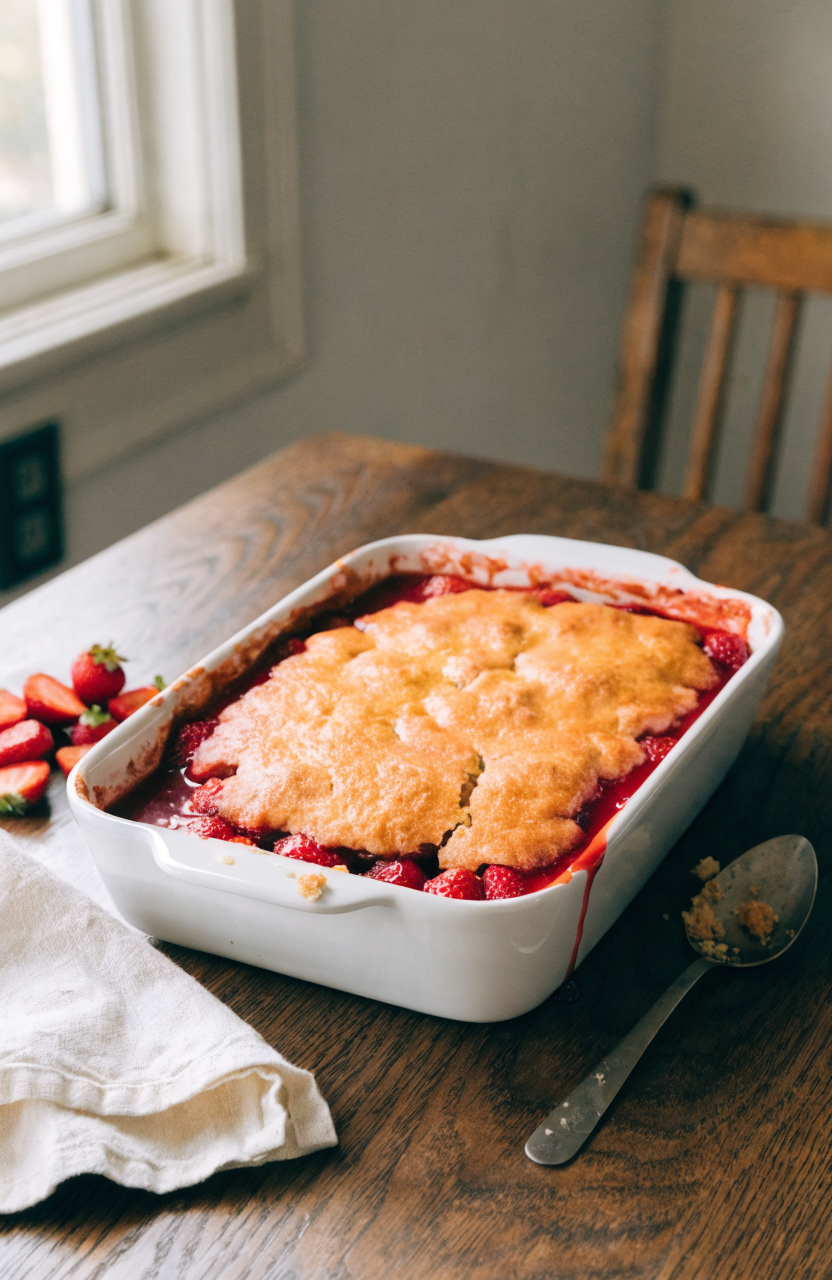 Warm strawberry cobbler with golden biscuit topping and spoon showing sauce