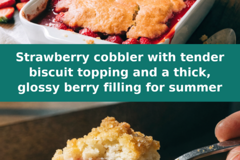 Strawberry cobbler with tender biscuit topping and a thick, glossy berry filling for summer Pinterest recipe pin