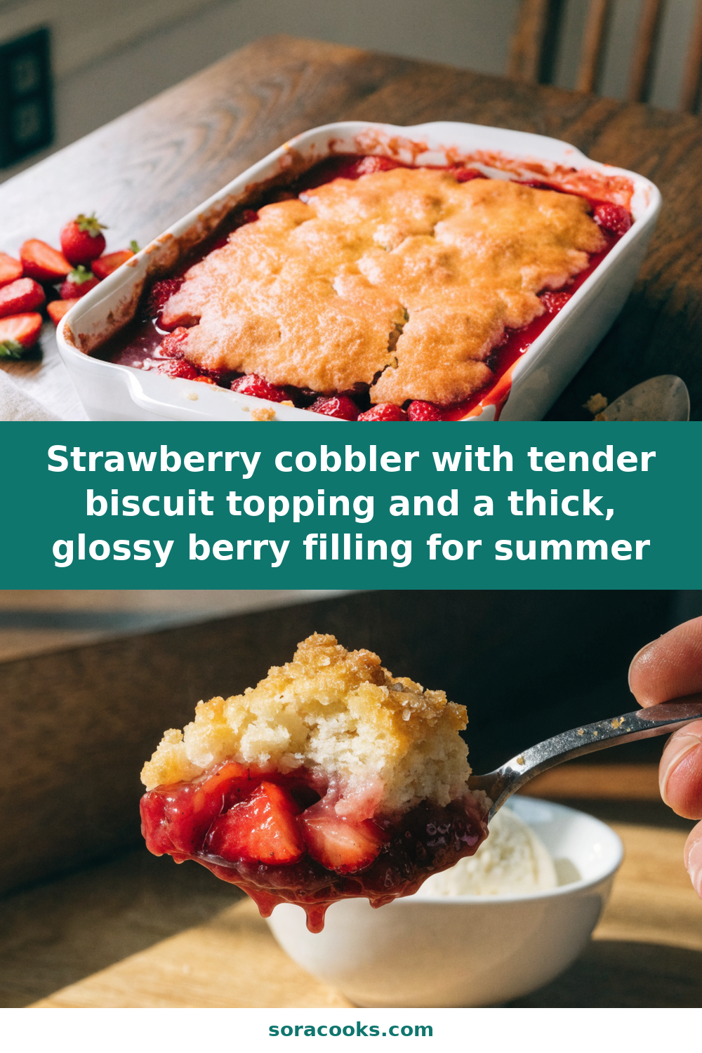 Strawberry cobbler with tender biscuit topping and a thick, glossy berry filling for summer Pinterest recipe pin