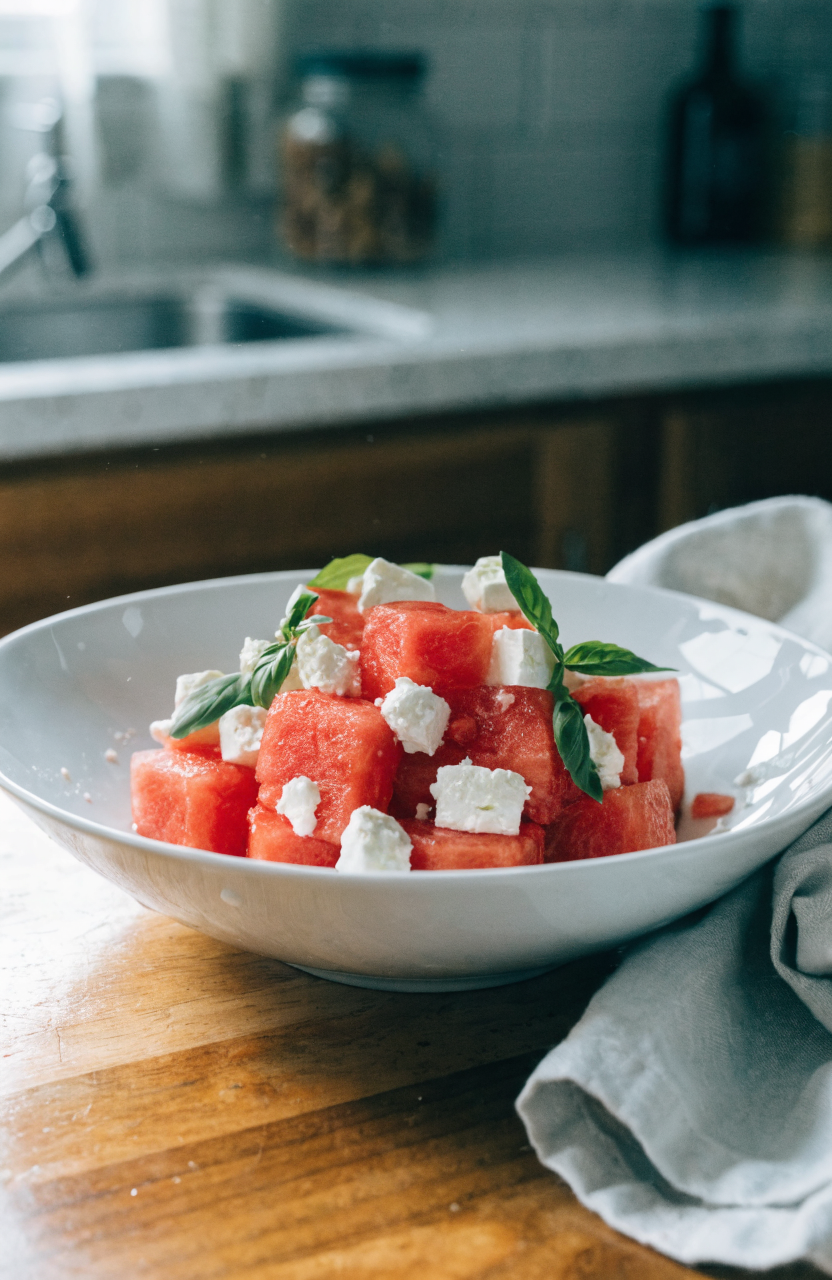 Chilled watermelon feta salad with basil ribbons and honey-balsamic glaze on a shallow white bowl