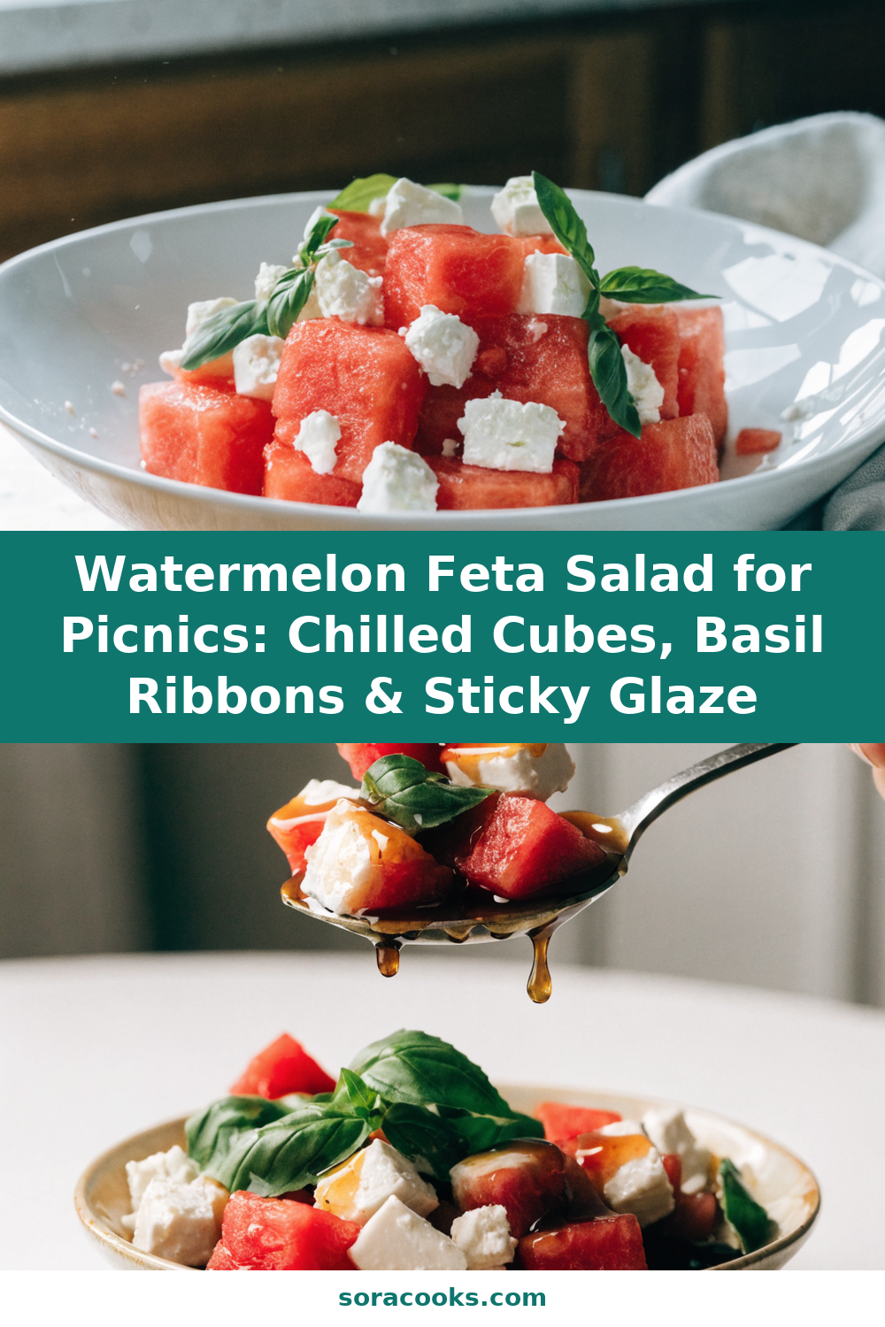 Watermelon Feta Salad for Picnics: Chilled Cubes, Basil Ribbons & Sticky Glaze Pinterest recipe pin