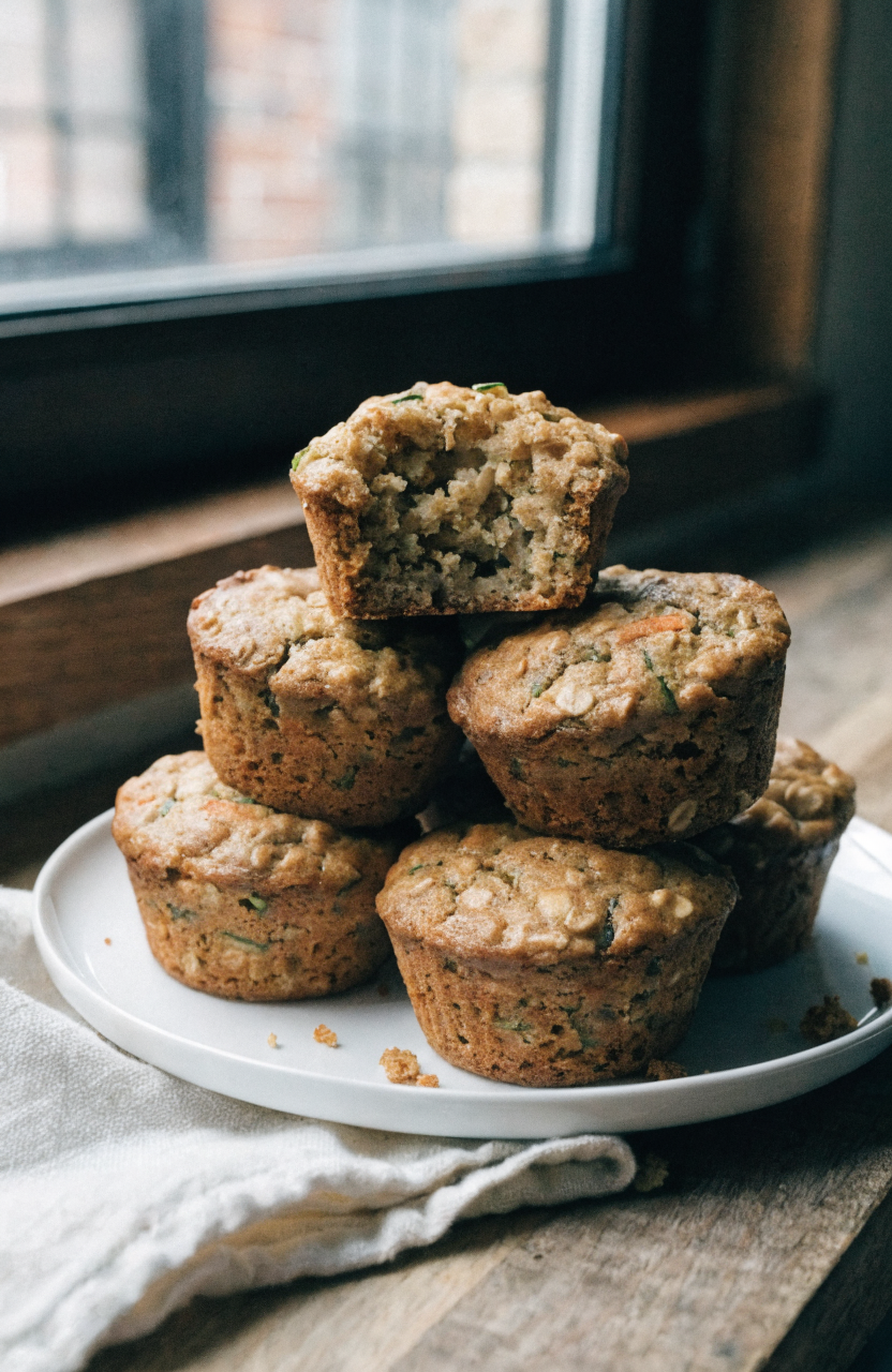A stack of zucchini carrot oatmeal muffins on a plate with one split open showing texture and oats
