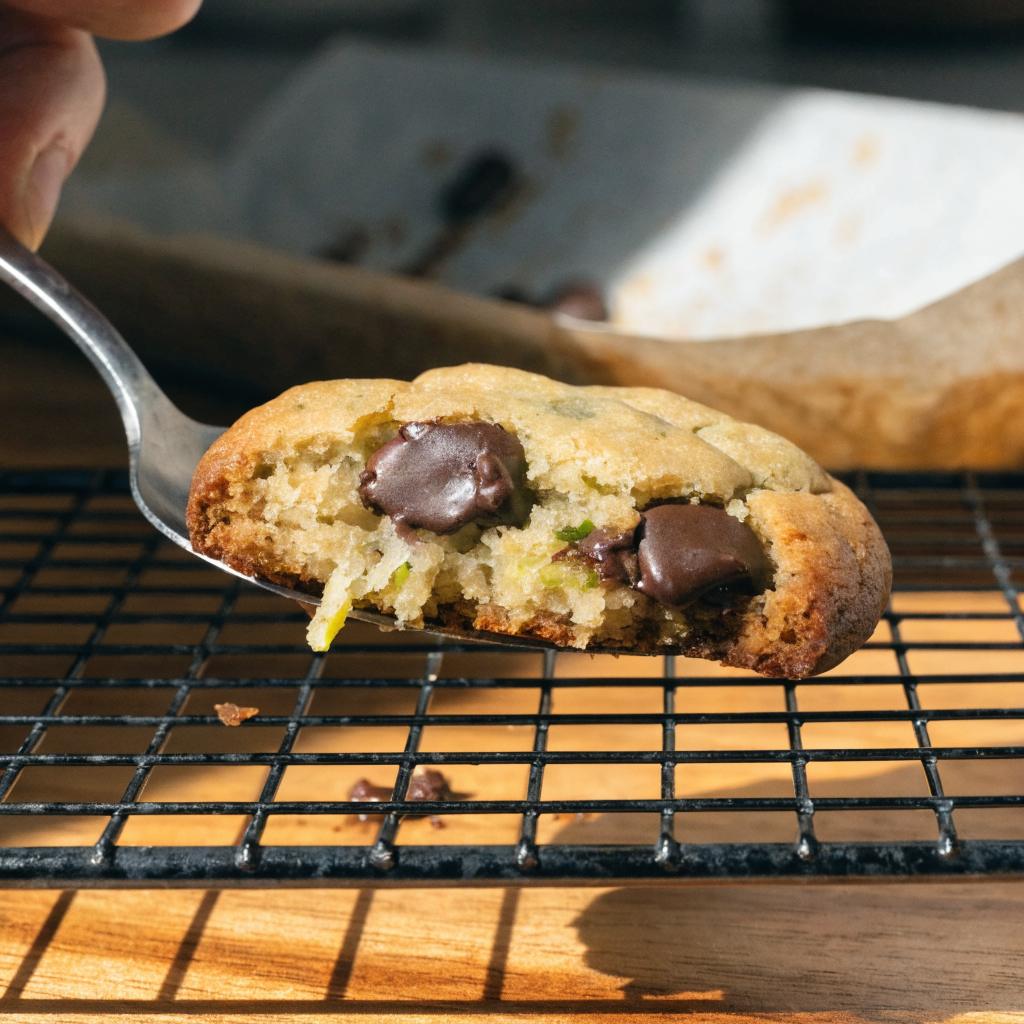 Close-up of zucchini chocolate chip cookies with soft centers and crisp edges