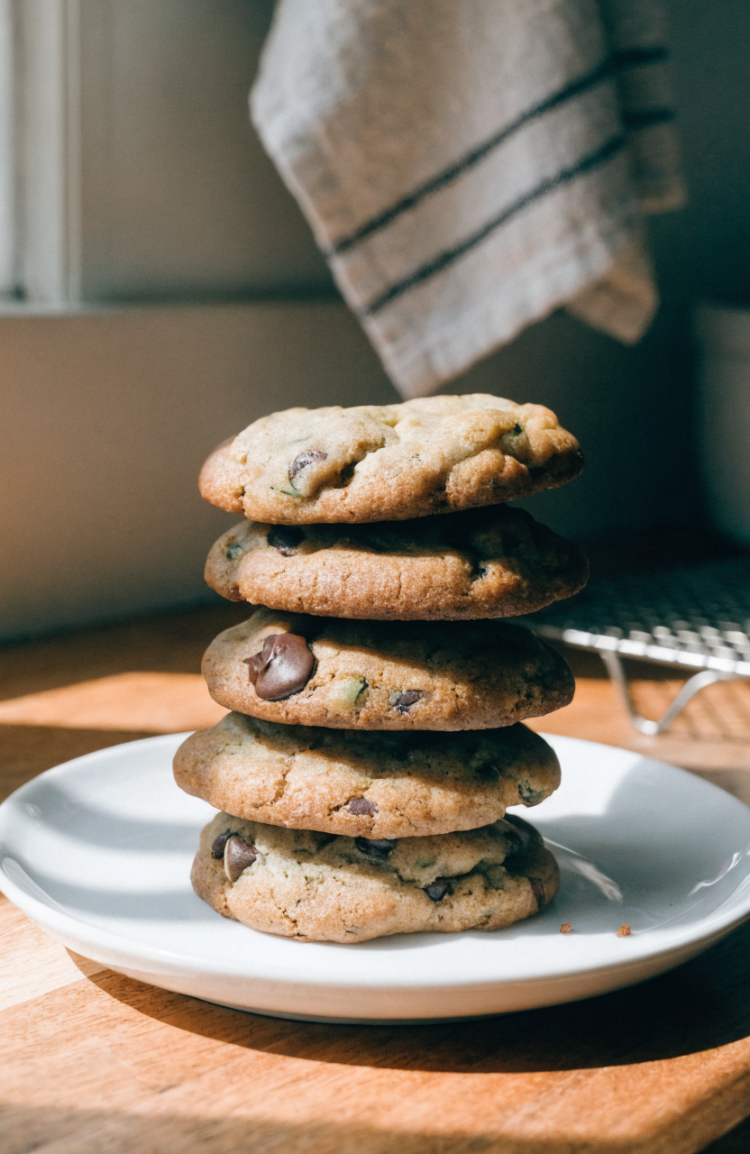 A plate of zucchini chocolate chip cookies with soft centers and crisp edges, garnished with a few extra chocolate chips