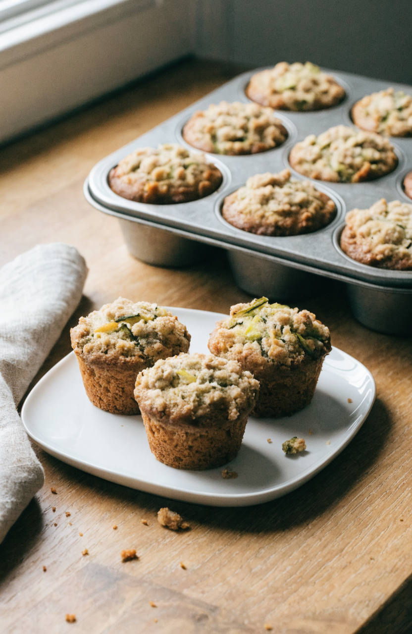 A warm zucchini coffee cake muffins with streusel arranged on a white plate with a fork showing the tender crumb and crumbs